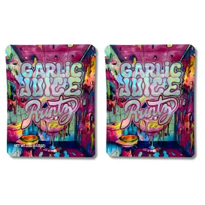 GARLIC JUICE Runtz 3.5g Mylar Bags, Artistic Cannabis Packaging with Dripping Graffiti Design